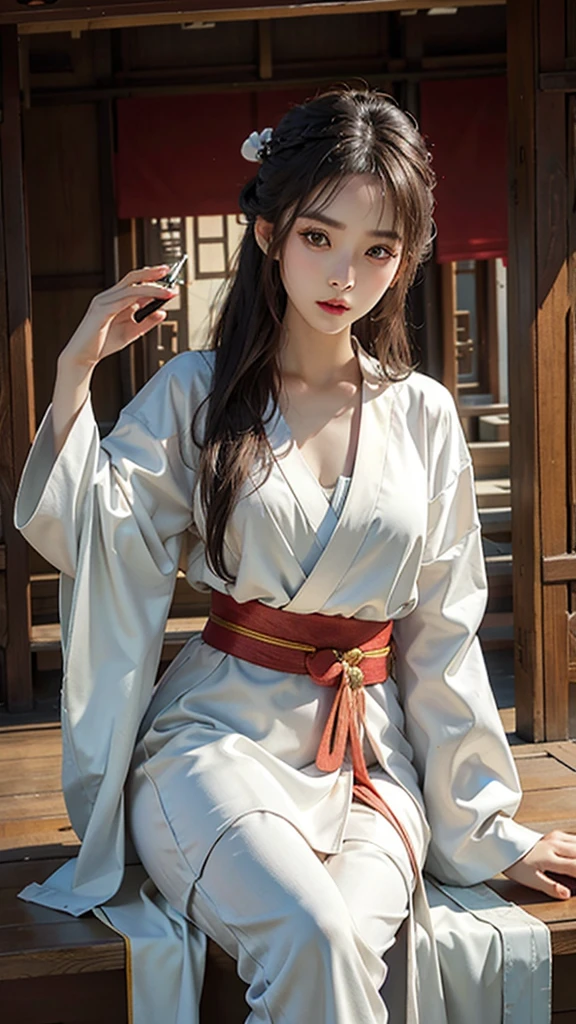 photorealistic, high resolution, soft light,1women, solo, hips up, look at viewer, (detailed face), long hair, Beautiful girl, hanfu, east asian architecture,sheath,architecture, tattoo, jewelry