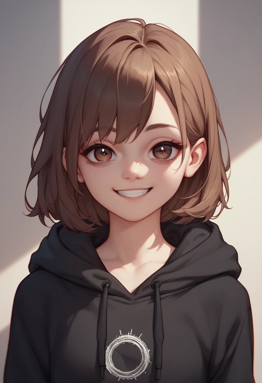 1girl, brown hair, brown eyes, black hoodie, dark circles under eyes, smiling, missing front tooth, looking at viewer