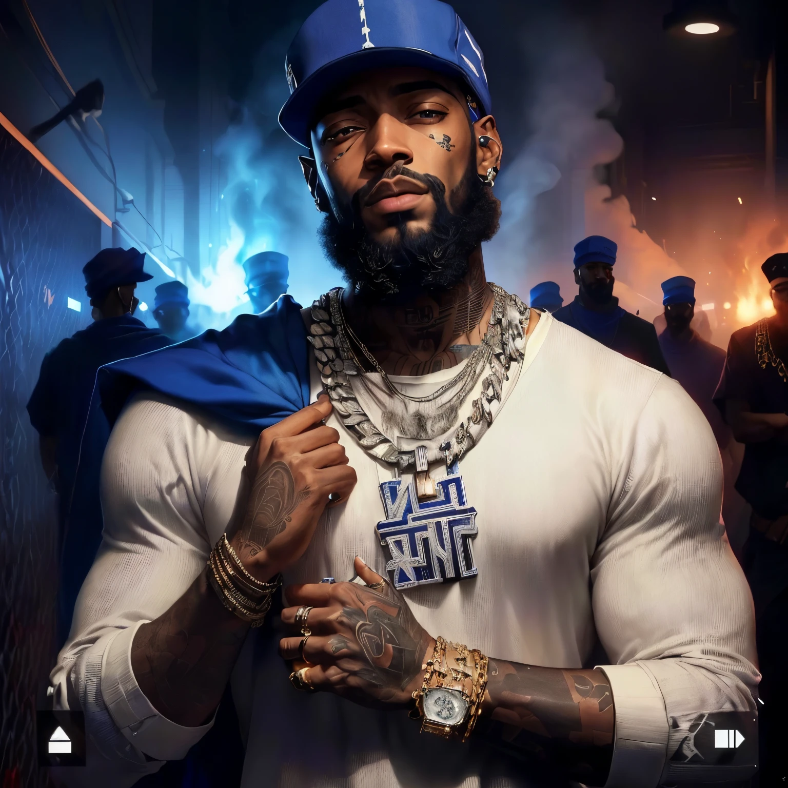 araffed man with a beard and a blue hat and a white shirt, nipsey hussle, rapper bling jewelry, rapper jewelry, official, perfect shading, official artwork, inked, wearing a bandana and chain, taken in the early 2020s, smooth in _ the background, album art, rap bling, leaked image, high quality screenshot, cover shot