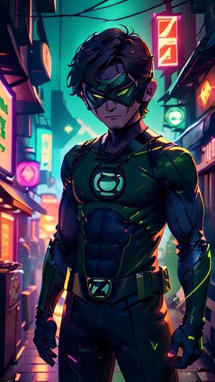 best quality,masterpiece,1boy,solo,(((13years old))),japanese boy,an extremely cute and handsome boy,highly detailed beautiful face and eyes,petit,cute face,lovely face,baby face,shy smile,show teeth, green skin, green hair,short hair,flat chest,skinny,slender,(((wearing Beast Boy costume))),(((standing in Dark Midnight Neon Glow light Cyberpunk metropolis city))),he is looking at the viewer,