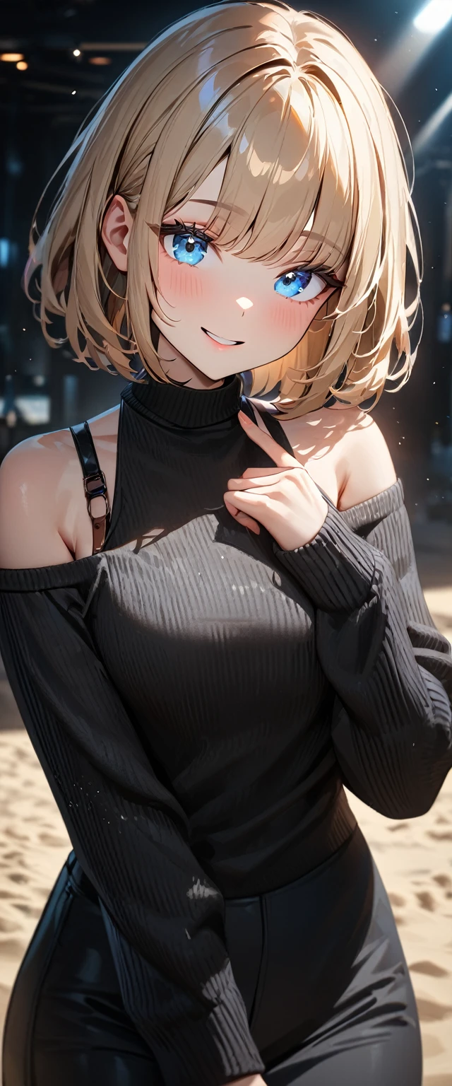 (((One girl))), ((beach)), noon, blond hair, bob cut, breasts, from front, (cowboy shot), standard body, (looking at viewer), ((black sweater)), ((off-shoulder knit sweater, Quite thick shoulder straps)), {{long juliet_sleeves}}, teenager, head tilt:1.3, (((blue eye))), ((happy smile)), anime style, (best quality, 4k, 8k, highres, masterpiece:1.2, ultra-detailed, ultra-detailed eyes, HDR, UHD, studio lighting, ultra-fine painting, sharp focus, physically-based rendering, extreme detail description, professional, vivid colors, bokeh), ((Highest quality, Best image quality, Ultra-high resolution, Ultra-high resolution, solo, Strong eye highlights)), Depth of written boundary, Natural soft light, attractive, Beautiful Face, Cleanliness, Pure Face, nedium chest, Beautiful Face, Perfect Fingers, Perfect hands, Perfect body, Perfect Face, Shine a light into your eyes, Perfect ???????