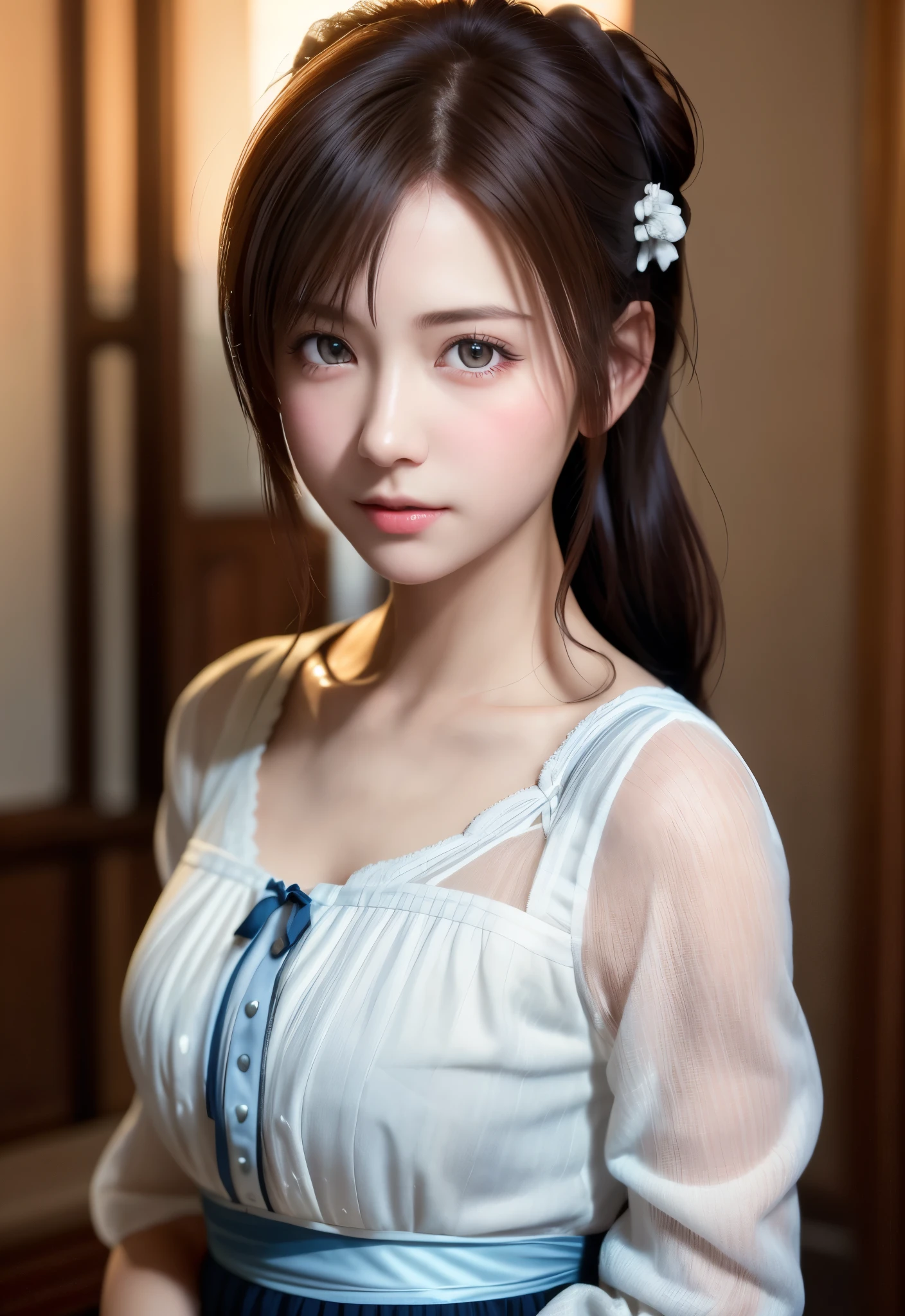 8K, of the highest quality, masutepiece:1.2), (Realistic, Photorealsitic:1.37), of the highest quality, masutepiece, Beautiful young woman, Pensive expression,、A charming、and an inviting look, Cute Maid Clothes, Hair tied back, Cinematic background, Light skin tone