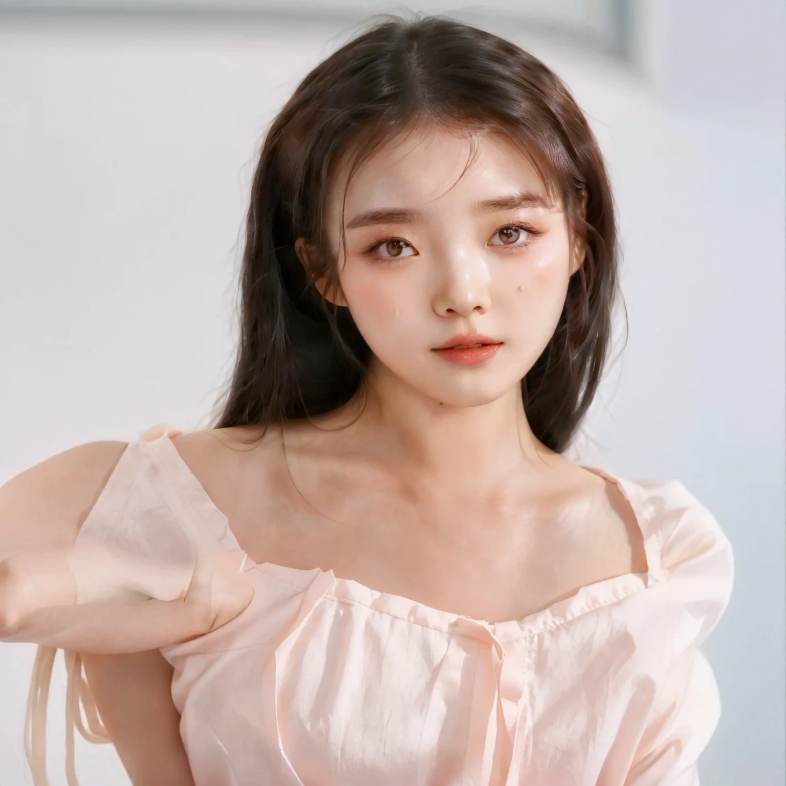 a close up of a woman wearing a pink top and a white background, beautiful south korean woman, beautiful young korean woman, gorgeous young korean woman, korean girl, young adorable korean face, beautiful asian girl, korean woman, young cute wan asian face, jaeyeon nam, portrait of female korean idol, popular south korean makeup, lovely delicate face, wan adorable korean face
