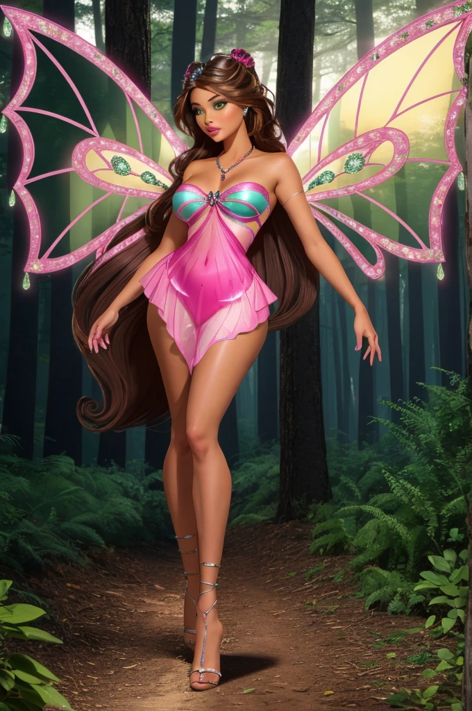 cinematic composition, professional full body shot photo of Flora,transparent dress, neckline., pink wings, sparklingtransparent clothing, green eyes, brown hair,
detailed skin, detailed eyes, finely detailed hair,
volumetric light, highrez, masterpiece, best quality,
fantasy forest,
