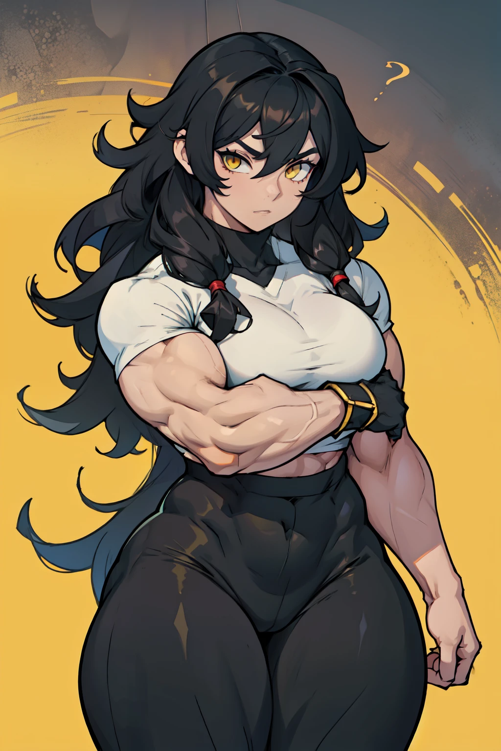 (((muscular 1girl))) ((thick thighs toned body tits)) (pale skin) black hair yellow eyes very long hair tight shirt and pants curly hair hair between eyes