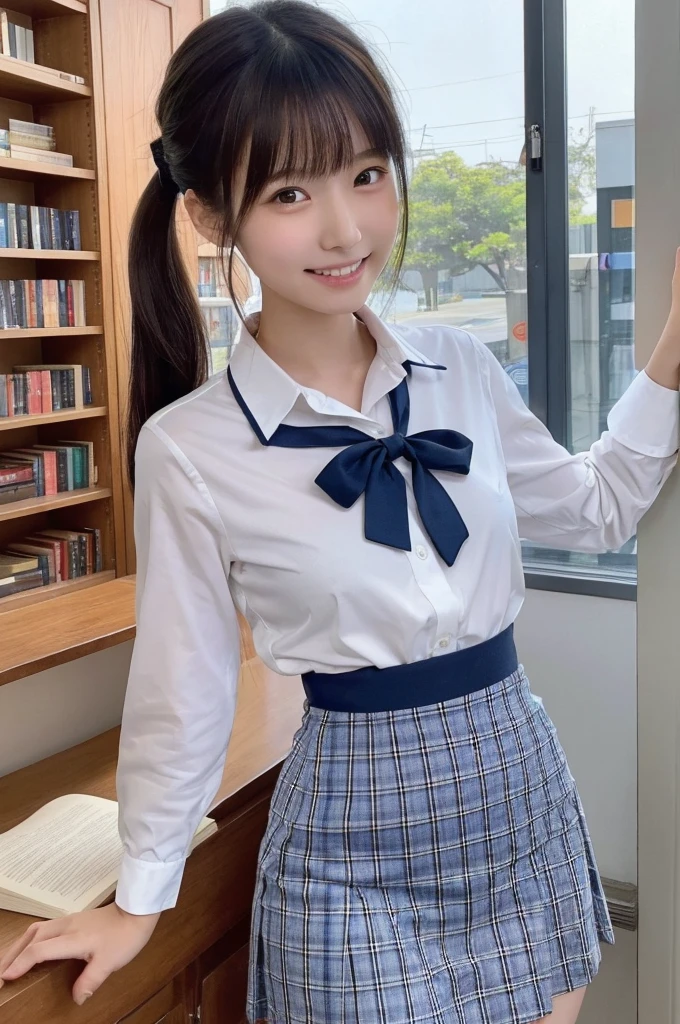 1 Girl, alone, Japanese girl, 14 years old,library、Many books棚、Many books、(Highest quality, Realistic, High resolution, 8K, Very detailed, Detailed face, Shiny skin), Japanese , Collared shirt, White shirt, Red ribbon, Black Hair, ragged bangs, ponytail,Gazing into the distance,Young face、Are thin、Slim figure、slender、Short、 System、((Lots of sweat))、Navy blue checked skirt、Nice thighs、Are standing,Photographed from the front、The best smile、Showing teeth、Uplifting、