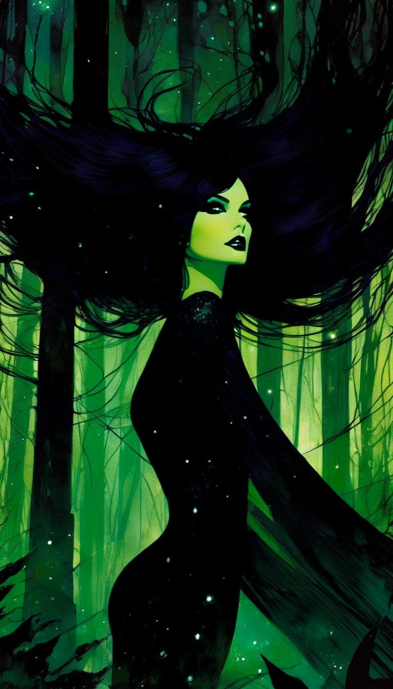 sexy black hair girl, dark forest, sinister, stars, background, art inspired by Bill Sienkiewicz

