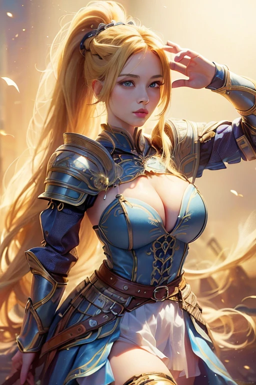 ultra high quality, excellent details, beauty, (blonde hair:1.5, long hair with ponytail), European woman, big breasts, hot, armor, sexy, 18 years, whole body, (pose sexy), horny look,