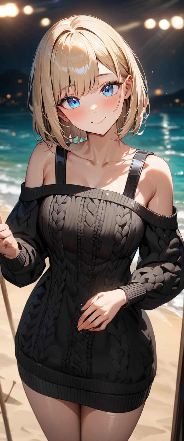 (((One girl))), ((beach)), noon, blond hair, bob cut, breasts, from front, (cowboy shot), standard body, (looking at viewer), ((black sweater)), ((off-shoulder knit sweater dress, Quite thick shoulder straps)), {long Balloon sleeve}, ager, head tilt:1.3, (((blue eye))), ((happy smile)), anime style, (best quality, 4k, 8k, highres, masterpiece:1.2, ultra-detailed, ultra-detailed eyes, HDR, UHD, studio lighting, ultra-fine painting, sharp focus, physically-based rendering, extreme detail description, professional, vivid colors, bokeh), ((Highest quality, Best image quality, Ultra-high resolution, Ultra-high resolution, solo, Strong eye highlights)), Depth of written boundary, Natural soft light, attractive, Beautiful Face, Cleanliness, Pure Face, nedium chest, Beautiful Face, Perfect Fingers, Perfect hands, Perfect body, Perfect Face, Shine a light into your eyes, Perfect Anatomy