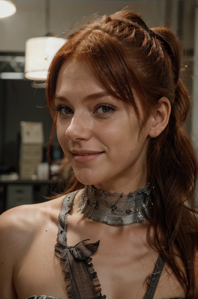 ((CHARACTER SHEET)), different face expretions, PHOTO REALISTIC, REDHEAD, SMILING, PONYTAIL 18K, INTENSE PROFESSIONAL, STUDIO LIGHT, 20 YEARS, WHITE BACKGROUND
