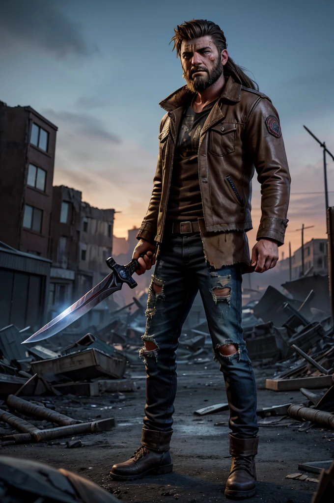 Cass (SPN) as apocalypse hunter, in defense position, with sharp cylindrical chrome sword in his hands, dirty, shabby, torn clothes, scar on his face, beard and long hair, full body image, eyes bright blue angry scenes, scenery in the background of night destroyed city of the apocalypse, realistic cinematic image SPN style
