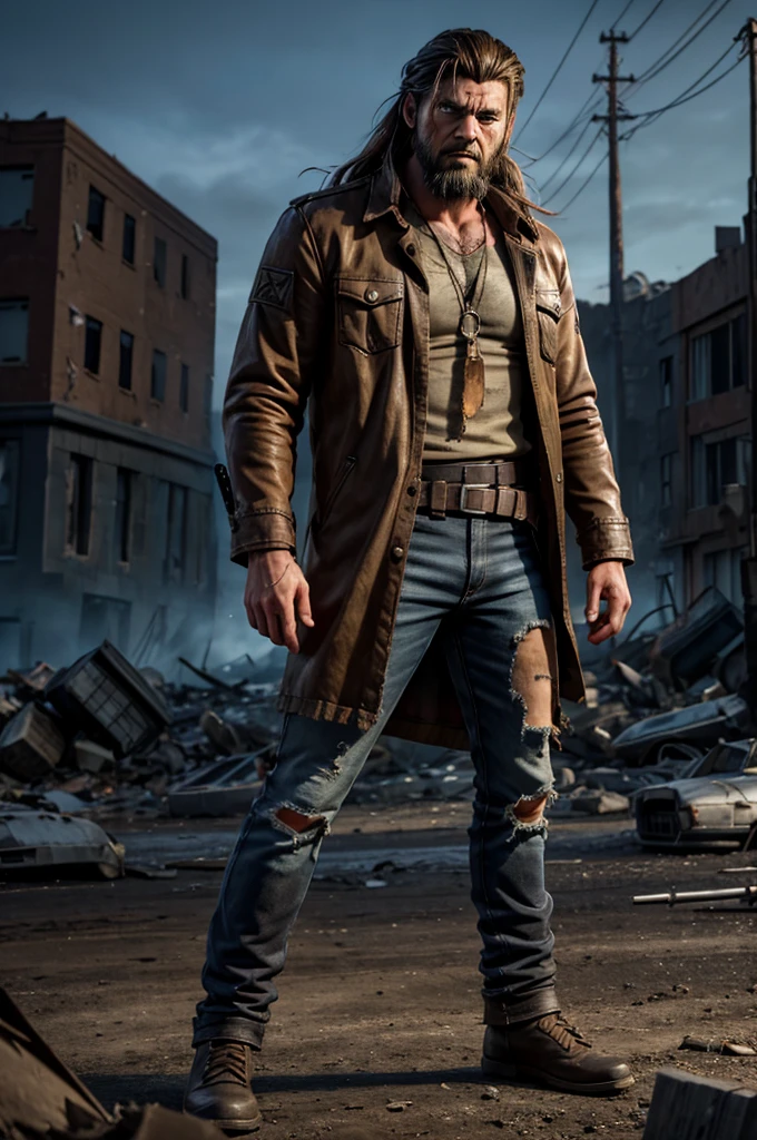 Cass (SPN) as apocalypse hunter, in defense position, with sharp cylindrical chrome sword in his hands, dirty, shabby, torn clothes, scar on his face, beard and long hair, full body image, eyes bright blue angry scenes, scenery in the background of night destroyed city of the apocalypse, realistic cinematic image SPN style