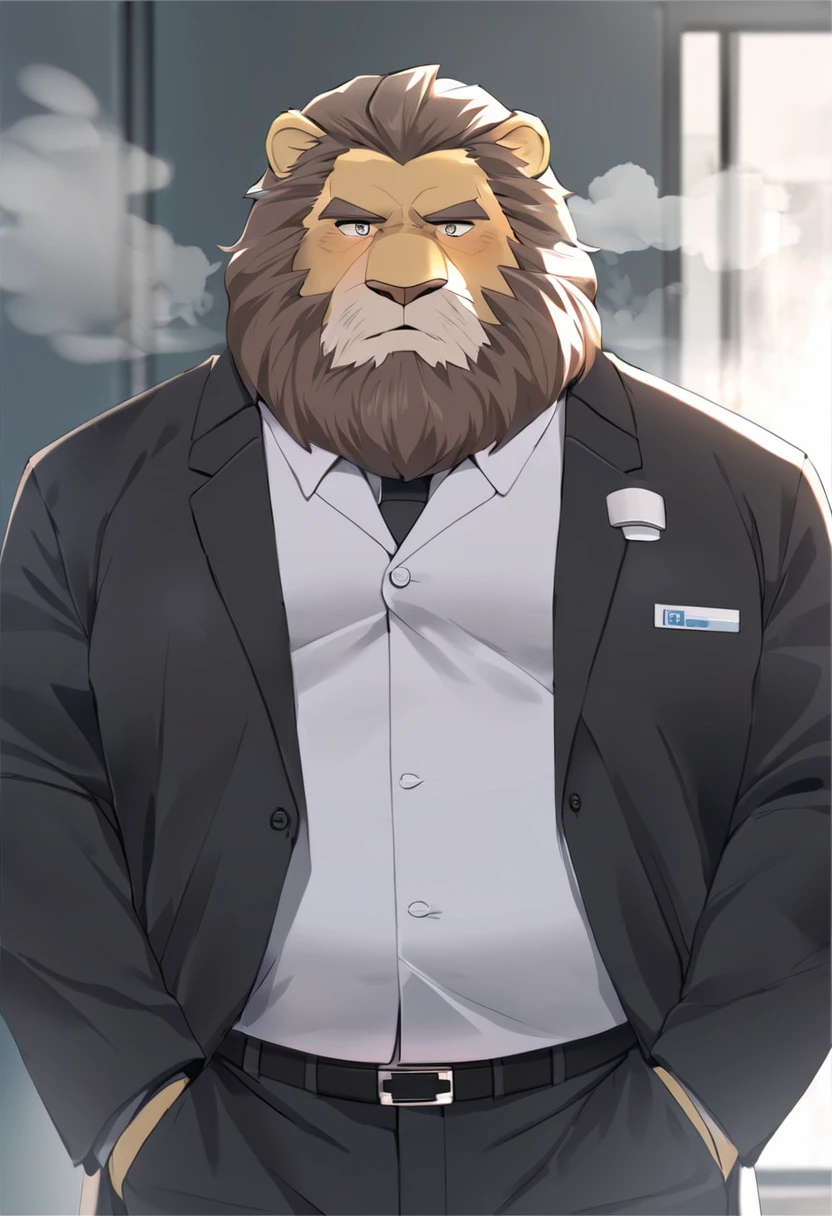 lion,personification,Mature male,Strong Man,Thick beard,Cold expression,Gray pupils,Brown eyebrows,Black suit suit,The Age of Steam,Hospital Office。