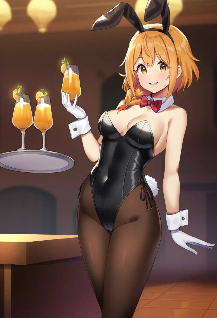 ((Princess connect !)),((pecorine)),1girl, pantyhose, animal ears, solo, playboy bunny, rabbit ears, gloves, breasts, tray, detached collar, leotard, tail, smile, white gloves, rabbit tail, black leotard, cleavage, drinking glass, strapless leotard, strapless, medium breasts, brown pantyhose, fake animal ears, cup, wrist cuffs, looking at viewer, bare shoulders, holding, cowboy shot, highleg leotard, highleg, drink, side-tie leotard, An animated animated image of a girl with long blonde hair and brown eyes. She is wearing a black bra with a pink bow around her neck and white gloves on her hands. The girl is holding a silver plate in her right hand. The plate has a red liquid in it., red bow, red bowtie, standing, tile floor, tiles, highly detailed, masterpiece, best quality, very aesthetic, absurdres,