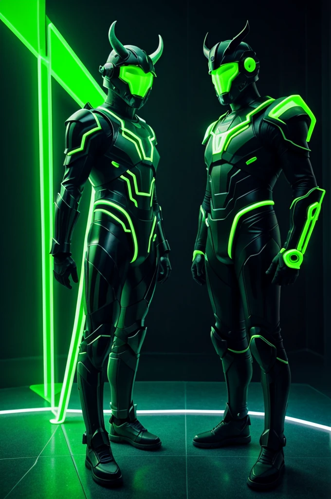 Two statues made of a dark marble that radiate green neon light in a space setting, on a floor that is gridded like a computer of two Vikings with helmets that radiate light with large luminous neon green horns, wearing armor with neon lights, and futuristic axes with lasers, positioned facing each other from left to right, radiating a neon-like green spectrum, in the center a space , all this with a neon light theme, let it be green