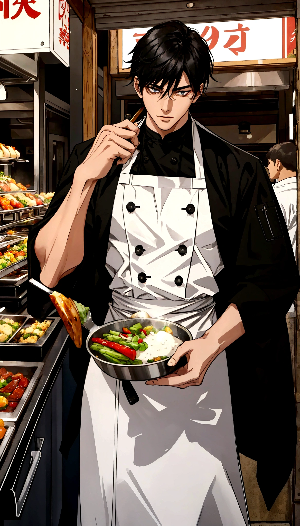 A handsome young man with black hair, dressed in a professional chef's outfit, is standing at a bustling street food stall. He is focused and skillfully preparing a delicious dish, with various cooking utensils and ingredients around him. The background features a vibrant market scene with other food stalls, colorful signs, and a crowd of people eagerly waiting for their food, emphasizing his dedication and expertise in the culinary arts.