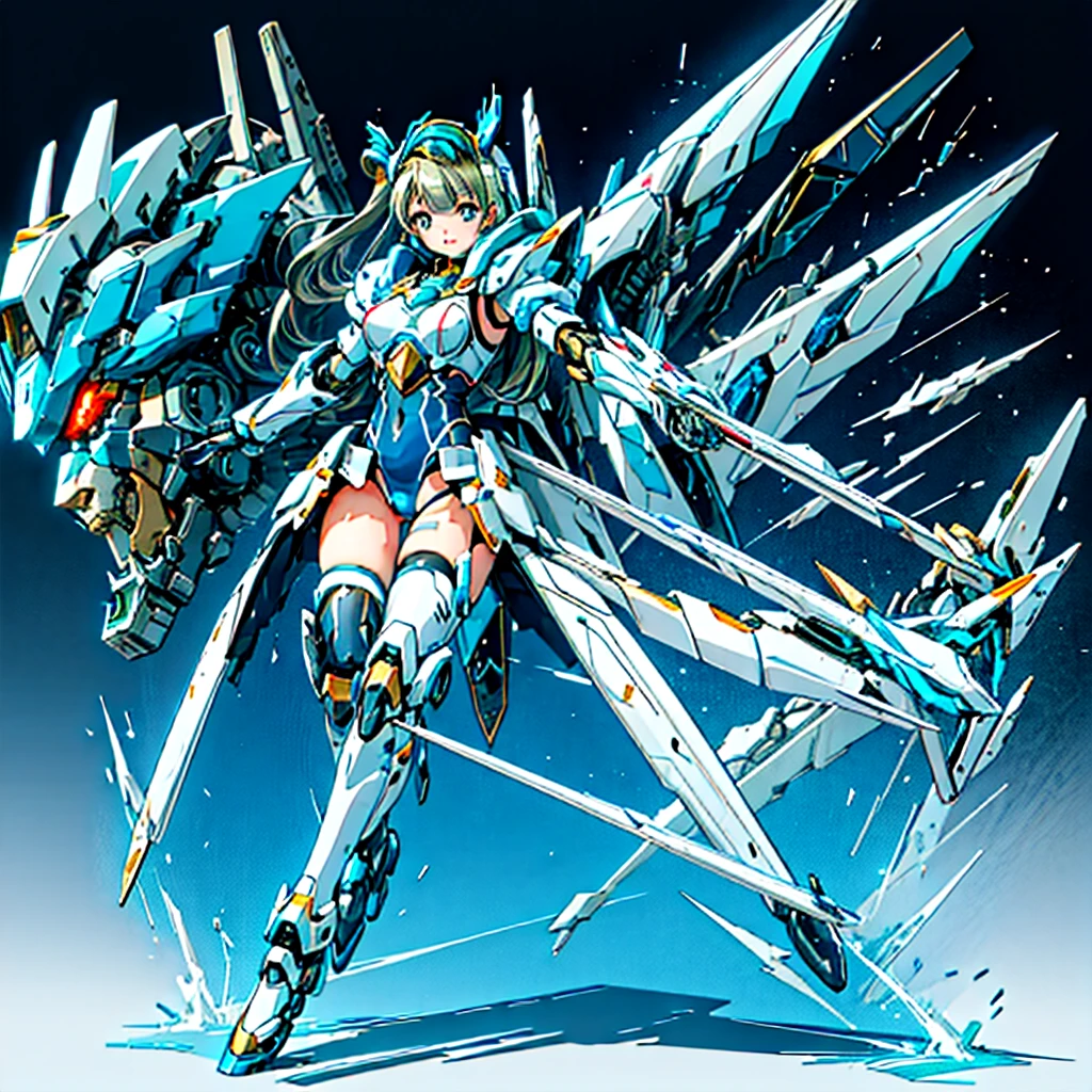 masterpiece, high quality, Cyborgization、Destroyed gynoid cyborg body、The face is of Minami Kotori.、mechanical parts、Blue and white leotard armor、solo focus、Single image、from front, full body、Mechabare、damage、The body is destroyed, exposing the precision machinery、Barcode on thigh