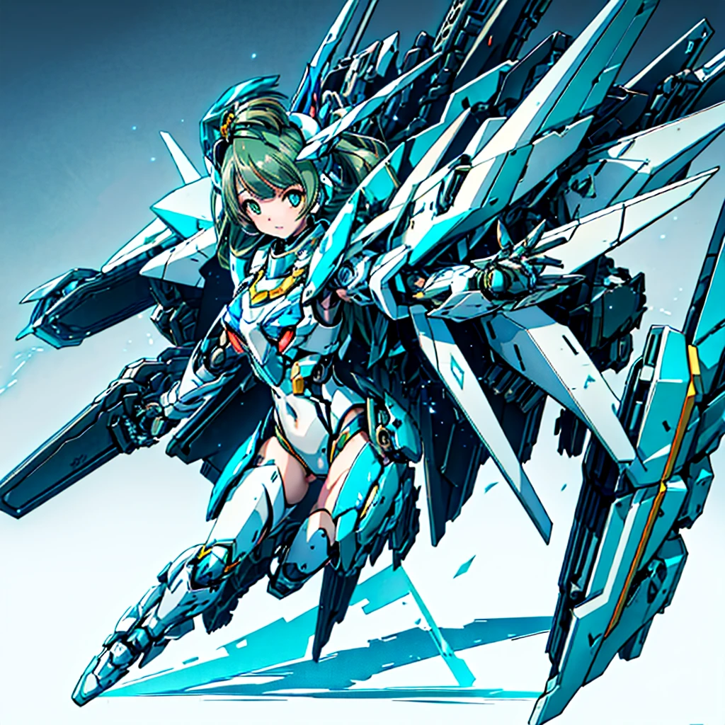 masterpiece, high quality, Cyborgization、Destroyed gynoid cyborg body、The face is of Minami Kotori.、mechanical parts、Blue and white leotard armor、solo focus、Single image、from front, full body、Mechabare、damage、The body is destroyed, exposing the precision machinery、Barcode on thigh