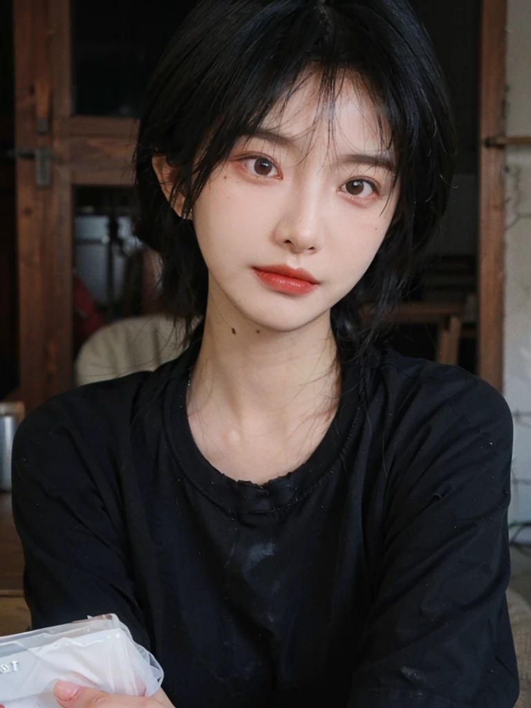 (Skin details:1.4), (smooth skin textures:1.3), (Upper body:1.4),(Upper Body:1.3),(Black shirt:1.4),Lipstick, background, earrings, serene, calm, (Realistic and detailed eyes:1.2), Natural skin texture, Realistic facial details, Soft dramatic lighting, Vivid details, 35 mm film, outdoor, (Photo Practical:1.4), (hyper Practical:1.4), (Practical:1.3), (Smoother lighting:1.05), (Improve lighting quality:0.9), (Highest quality real skin textures:1.4), Exquisite eyes, Delicate face, Close-up of face, (Enhance the beauty of skin texture:1.1),0Normal body proportions, short hair, Moles under the eyes, A faint smile,Portrait Photography, Depth of Field, Bokeh, Surrealism, Ray Tracing, (Portrait Photography:1.1), Surrealism, High Detail, Chiaroscuro, Ray Tracing, reflected light, Ultra HD, Ultra HD, masterpiece, Textured Skin, Super Detail, High Detail, high quality, best quality