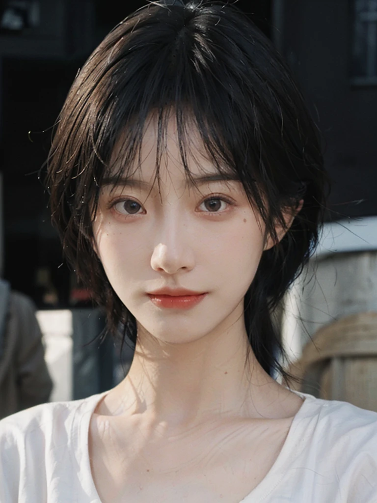 (Skin details:1.4), (smooth skin textures:1.3), (Upper body:1.4),(Upper Body:1.3),(Black shirt:1.4),Lipstick, background, earrings, serene, calm, (Realistic and detailed eyes:1.2), Natural skin texture, Realistic facial details, Soft dramatic lighting, Vivid details, 35 mm film, outdoor, (Photo Practical:1.4), (hyper Practical:1.4), (Practical:1.3), (Smoother lighting:1.05), (Improve lighting quality:0.9), (Highest quality real skin textures:1.4), Exquisite eyes, Delicate face, Close-up of face, (Enhance the beauty of skin texture:1.1),0Normal body proportions, short hair, Moles under the eyes, A faint smile,Portrait Photography, Depth of Field, Bokeh, Surrealism, Ray Tracing, (Portrait Photography:1.1), Surrealism, High Detail, Chiaroscuro, Ray Tracing, reflected light, Ultra HD, Ultra HD, masterpiece, Textured Skin, Super Detail, High Detail, high quality, best quality