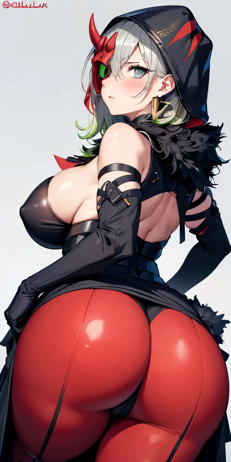 1 Female,High definition,high resolution,Ultra-realistic,8K, diabellestarr, expressionless, looking at viewer, (mask), dress, hood up, detached sleeves, single glove, (red pantyhose), boots, earrings, cleavage ,European,sexy,Upper body close-up,Photographed from the front,Dynamic Angles,private teacher,looking at viewer, from behind, looking back, cute butt, (blush ),((big ass:1.5)),(huge ass:1.5), small zised tits , nipples ,show tits,blush