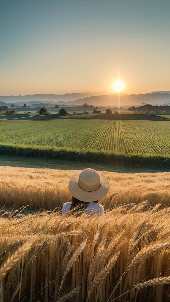 Rye field view，Minimalist style，Green wheat fields，Farmers harvesting wheat in the distance，Turn your back to the sun，The peasants wear straw hats，Golden Sunshine，Shining on people and wheat fields，Wheatfield Exhibition More Than Half，Blue sky in the distance、Distant Mountains，White Cloud，sun