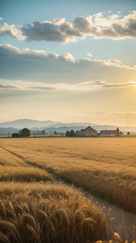 Rye field view,Minimalist style,Green wheat fields,Farmers harvesting wheat in the distance,Turn your back to the sun,The peasants wear straw hats,Golden Sunshine,Shining on people and wheat fields,Wheatfield Exhibition More Than Half,Blue sky in the distance、Distant Mountains,White Cloud,sun