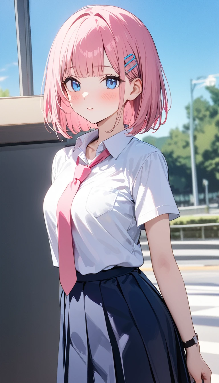 (1 girl),(Best Picture Quality, 8K, Masterpiece:1.3), (high school student:1.5), (pink lob hair), ((bob cut)), (blunt bangs), (slant skyblue eyes), ((school uniform, white short simple sleeve shirt, darkblue skirt, pink tie)), (super clear:1.5), (glistening skin:1.1),(pale skin:1.1),(one simple hairclip on the right side of the hair)