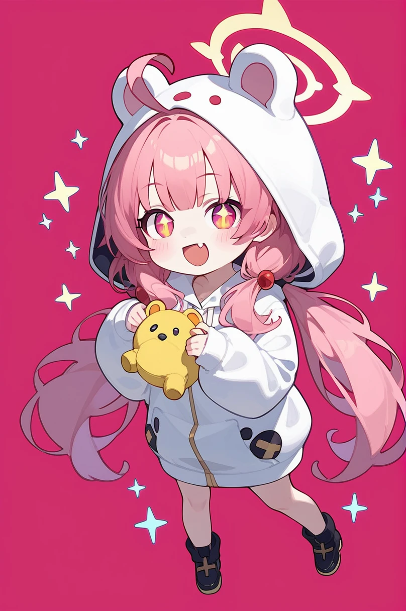 score_9,score_8_up,score_7_up,1girl,aru (blue archive),fang,pink hair,solo,twintails,hood,ahoge,long hair,chibi,low twintails,hair ornament,bangs,blush,smile,standing,full body,very long hair,open mouth,facing viewer,hair bobbles,stuffed toy,long sleeves,stuffed animal,:d,skin fang,white hoodie,holding,simple background,=_=,sparkle,animal hood,