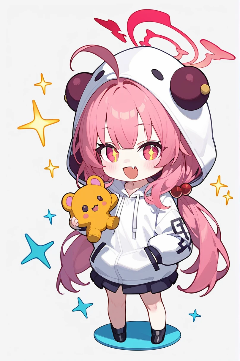score_9,score_8_up,score_7_up,1girl,aru (blue archive),fang,pink hair,solo,twintails,hood,ahoge,long hair,chibi,low twintails,hair ornament,bangs,blush,smile,standing,full body,very long hair,open mouth,facing viewer,hair bobbles,stuffed toy,long sleeves,stuffed animal,:d,skin fang,white hoodie,holding,simple background,=_=,sparkle,animal hood,