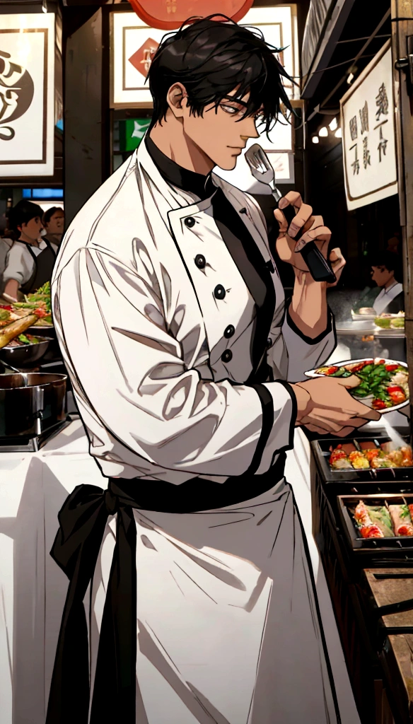 A handsome young man with black hair, dressed in a professional chef's outfit, is standing at a bustling street food stall. He is focused and skillfully preparing a delicious dish, with various cooking utensils and ingredients around him. The background features a vibrant market scene with other food stalls, colorful signs, and a crowd of people eagerly waiting for their food, emphasizing his dedication and expertise in the culinary arts.
