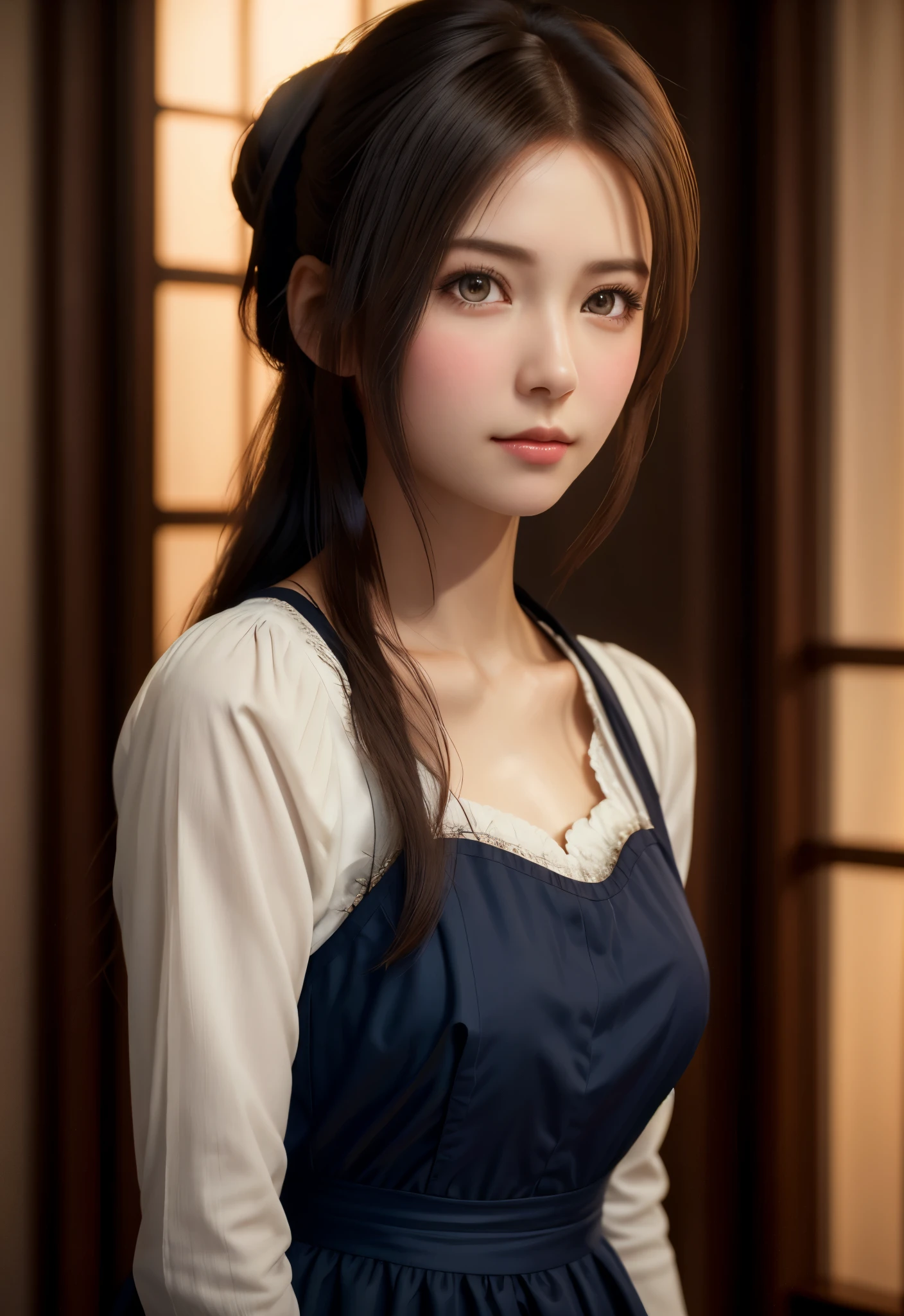 8K, of the highest quality, masutepiece:1.2), (Realistic, Photorealsitic:1.37), of the highest quality, masutepiece, Beautiful young woman, Pensive expression,、A charming、and an inviting look, Cute Maid Clothes, Hair tied back, Cinematic background, Light skin tone