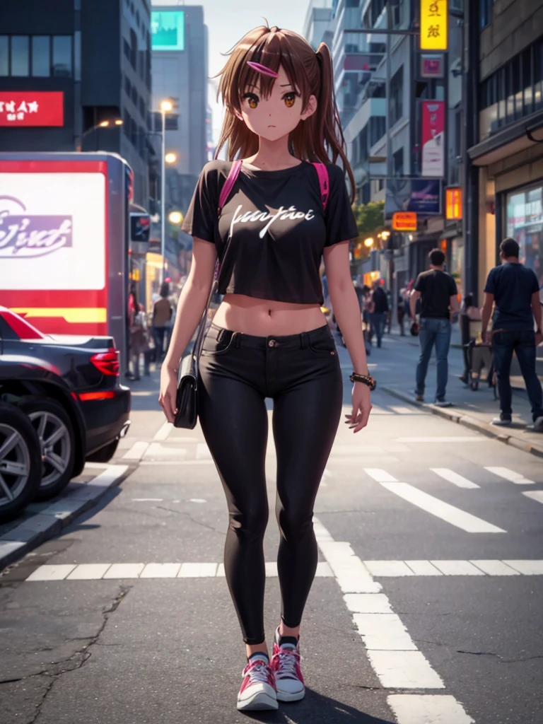 Girl, slim tight t-shirt, black thong, navel shown, street background, openlegs, in Sneakers, night