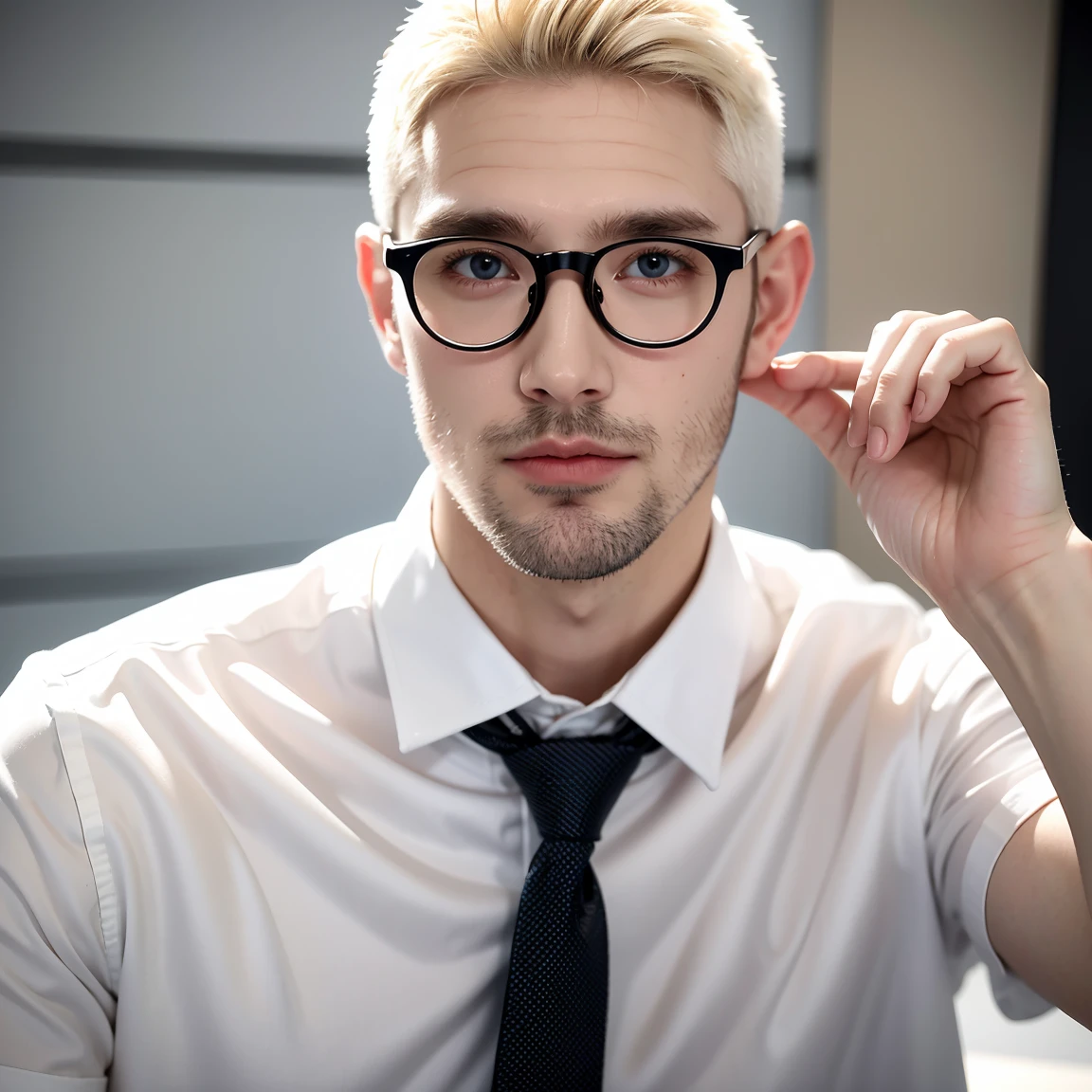 Male German teacher, wearing a white shirt, wearing a tie, wearing glasses, blonde haired, Bearded, buzzcut hairstyle, masculine