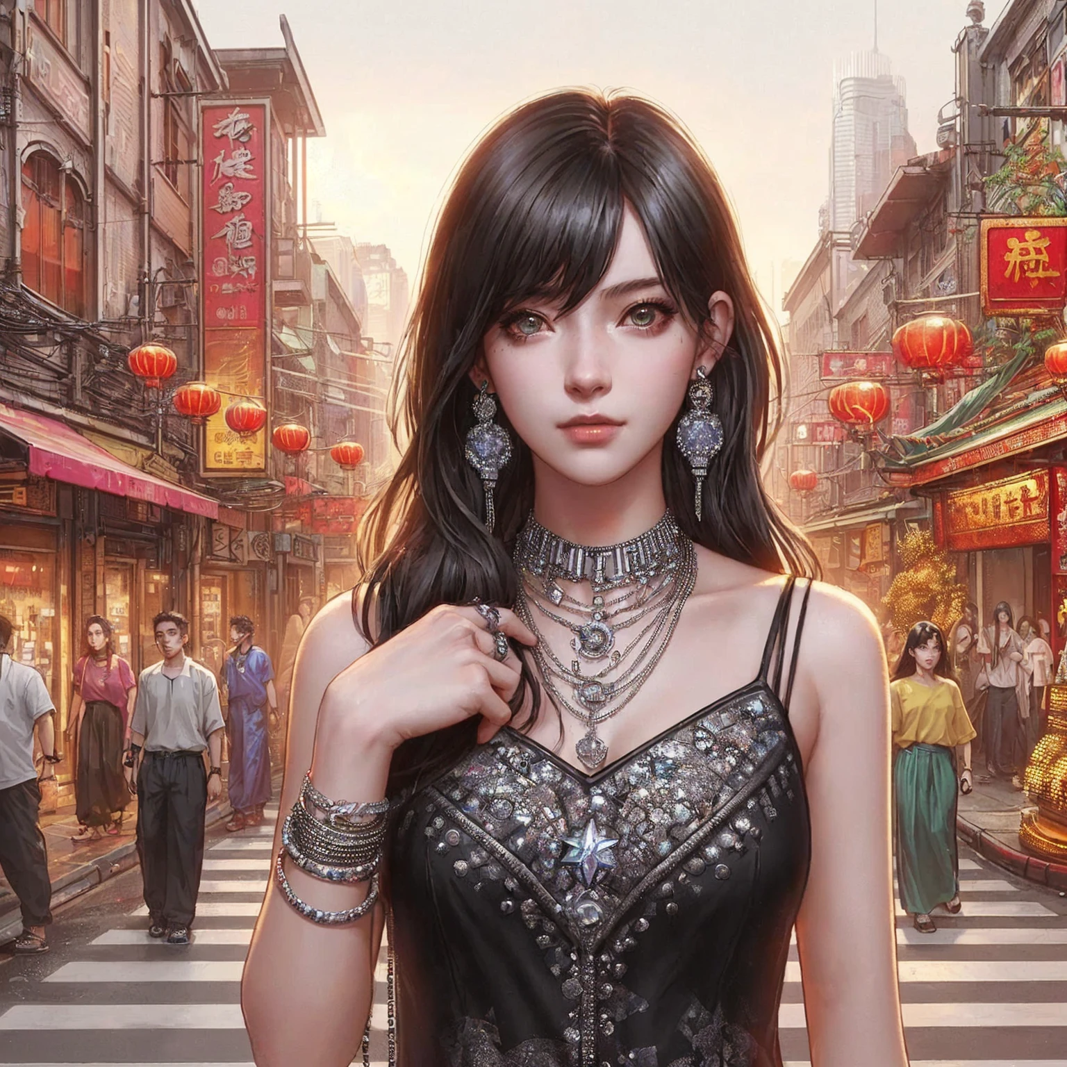 arafed image of a woman in a black top and shorts standing in a crowded street, cyberpunk vibe, cyberpunk vibes, cyberpunk art style, cyberpunk girl, urban girl fanart, artwork in the style of guweiz, beautiful digital artwork, stylized urban fantasy artwork, deviantart artstation cgscosiety, in cyberpunk city, trending on cgstation