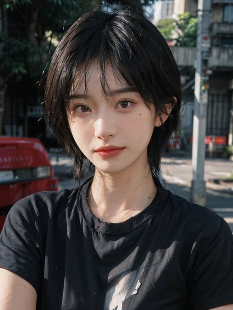 (Skin details:1.4), (smooth skin textures:1.3), (Upper body:1.4),(Upper Body:1.3)Lipstick, background, earrings, serene, calm, (Black shirt:1.4),(Realistic and detailed eyes:1.2), Natural skin texture, Realistic facial details, Soft dramatic lighting, Vivid details, 35 mm film, outdoor, (Photo Practical:1.4), (hyper Practical:1.4), (Practical:1.3), (Smoother lighting:1.05), (Improve lighting quality:0.9), (Highest quality real skin textures:1.4), Exquisite eyes, Delicate face, Close-up of face, (Enhance the beauty of skin texture:1.1), Hair details,normal body ratio, short hair, Moles under the eyes, A faint smile,Portrait Photography, Depth of Field, Bokeh, Surrealism, Ray Tracing, (Portrait Photography:1.1), Surrealism, High Detail, Chiaroscuro, Ray Tracing, reflected light, Ultra HD, Ultra HD, masterpiece, Textured Skin, Super Detail, High Detail, high quality, best quality