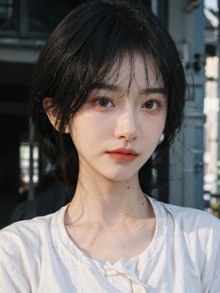 (Skin details:1.4), (smooth skin textures:1.3), (Upper body:1.4),(Upper Body:1.3)Lipstick, background, earrings, serene, calm, (Black shirt:1.4),(Realistic and detailed eyes:1.2), Natural skin texture, Realistic facial details, Soft dramatic lighting, Vivid details, 35 mm film, outdoor, (Photo Practical:1.4), (hyper Practical:1.4), (Practical:1.3), (Smoother lighting:1.05), (Improve lighting quality:0.9), (Highest quality real skin textures:1.4), Exquisite eyes, Delicate face, Close-up of face, (Enhance the beauty of skin texture:1.1), Hair details,normal body ratio, short hair, Moles under the eyes, A faint smile,Portrait Photography, Depth of Field, Bokeh, Surrealism, Ray Tracing, (Portrait Photography:1.1), Surrealism, High Detail, Chiaroscuro, Ray Tracing, reflected light, Ultra HD, Ultra HD, masterpiece, Textured Skin, Super Detail, High Detail, high quality, best quality