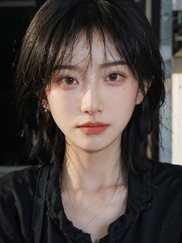 (Skin details:1.4), (smooth skin textures:1.3), (Upper body:1.4),(Upper Body:1.3)Lipstick, background, earrings, serene, calm, (Black shirt:1.4),(Realistic and detailed eyes:1.2), Natural skin texture, Realistic facial details, Soft dramatic lighting, Vivid details, 35 mm film, outdoor, (Photo Practical:1.4), (hyper Practical:1.4), (Practical:1.3), (Smoother lighting:1.05), (Improve lighting quality:0.9), (Highest quality real skin textures:1.4), Exquisite eyes, Delicate face, Close-up of face, (Enhance the beauty of skin texture:1.1), Hair details,normal body ratio, short hair, Moles under the eyes, A faint smile,Portrait Photography, Depth of Field, Bokeh, Surrealism, Ray Tracing, (Portrait Photography:1.1), Surrealism, High Detail, Chiaroscuro, Ray Tracing, reflected light, Ultra HD, Ultra HD, masterpiece, Textured Skin, Super Detail, High Detail, high quality, best quality