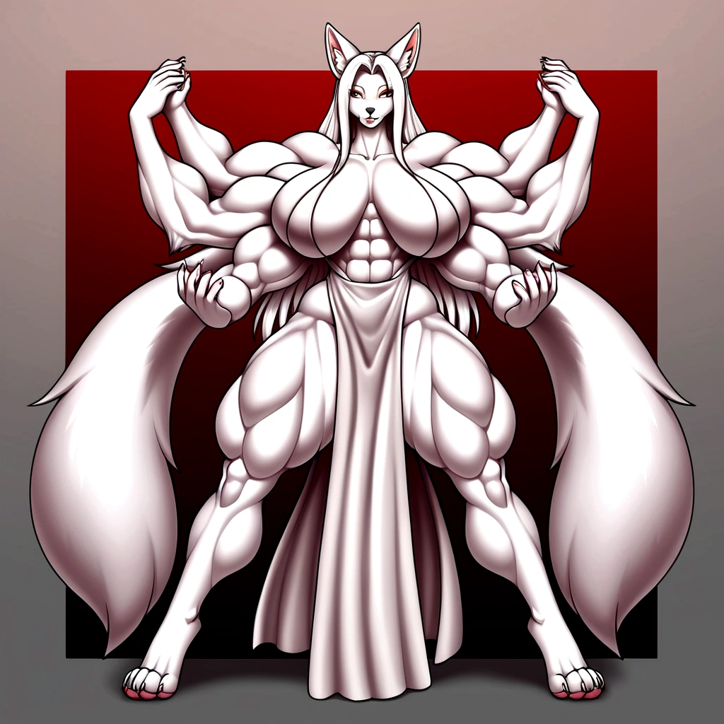 Furry girl, white long hair, gigantic muscular body, fox ears, 9 fluffy tails, fox paws, 4 arms, full body.