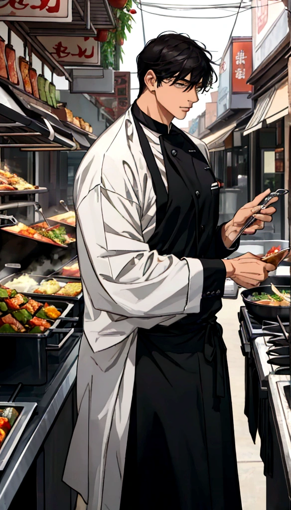A handsome young man with black hair, dressed in a professional chef's outfit, is standing at a bustling street food stall. He is focused and skillfully preparing a delicious dish, with various cooking utensils and ingredients around him. The background features a vibrant market scene with other food stalls, colorful signs, and a crowd of people eagerly waiting for their food, emphasizing his dedication and expertise in the culinary arts.