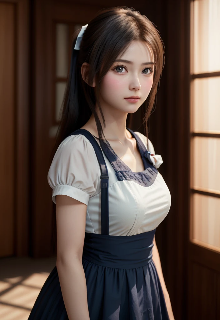 8K, of the highest quality, masutepiece:1.2), (Realistic, Photorealsitic:1.37), of the highest quality, masutepiece, Beautiful young woman, Pensive expression,、A charming、and an inviting look, Cute Maid Clothes, Hair tied back, Cinematic background, Light skin tone