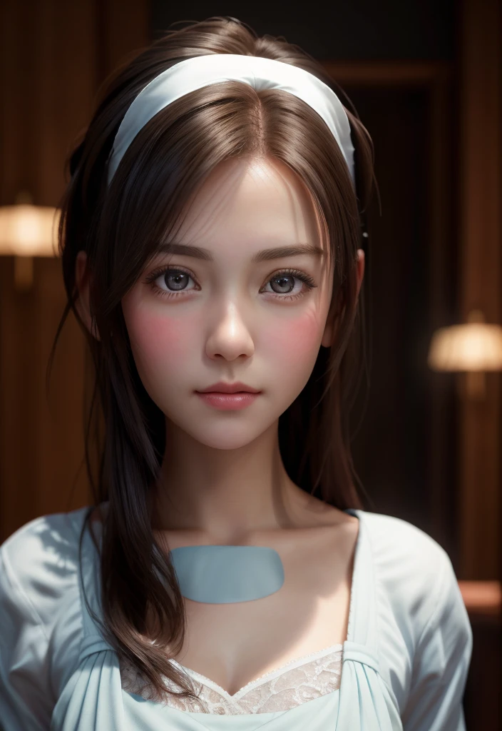 8K, of the highest quality, masutepiece:1.2), (Realistic, Photorealsitic:1.37), of the highest quality, masutepiece, Beautiful young woman, Pensive expression,、A charming、and an inviting look, Cute Maid Clothes, Hair tied back, Cinematic background, Light skin tone