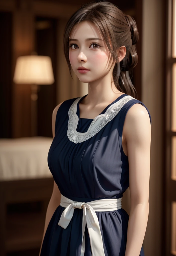 8K, of the highest quality, masutepiece:1.2), (Realistic, Photorealsitic:1.37), of the highest quality, masutepiece, Beautiful young woman, Pensive expression,、A charming、and an inviting look, Cute Maid Clothes, Hair tied back, Cinematic background, Light skin tone