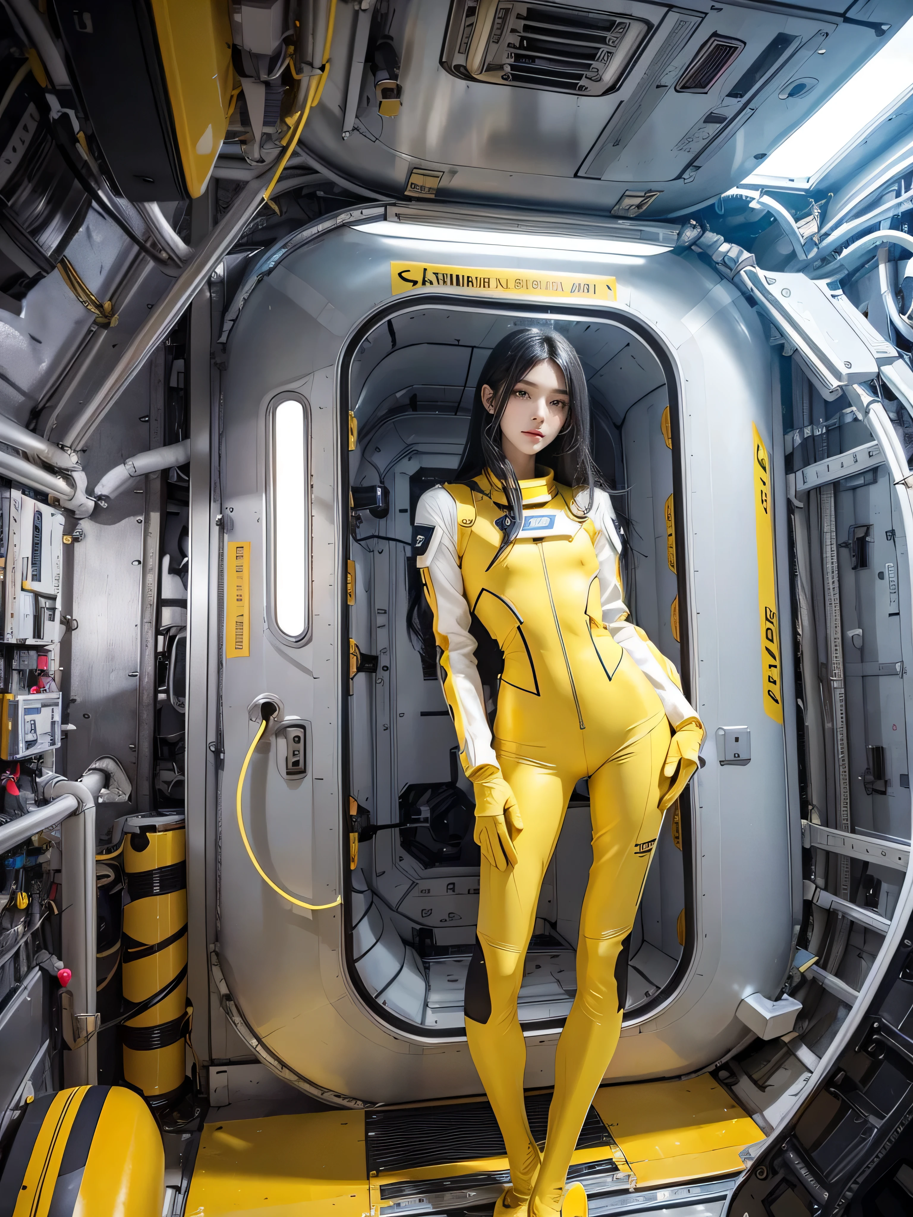 (Raw quality:1.4), Beautiful slim and long legged woman、Beautiful and well-groomed face、Long black hair、Smooth legs、Well-balanced and slim body、Full Body Lesbian、no gravity、Yellow spacesuits that fit snugly against the body、Inside the space station、mechanical、 White lighting