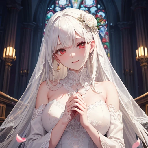 white hair, (long straight hair),(red eyes),white skin ,(whole body),(one woman),bride,Smile broadly.,smooth and straight, 6月のbride,wedding dress,(Masterpiece, Highest quality, very detailed, best shadow), (Detailed background), (Beautifully detailed face), high contrast, (best light, Very delicate and beautiful), ((Cinema-grade lighting)), colorful, very detailedเกินไป, incredible light, complicated details,church background,Bouquet of roses,Ring on the left ring finger,