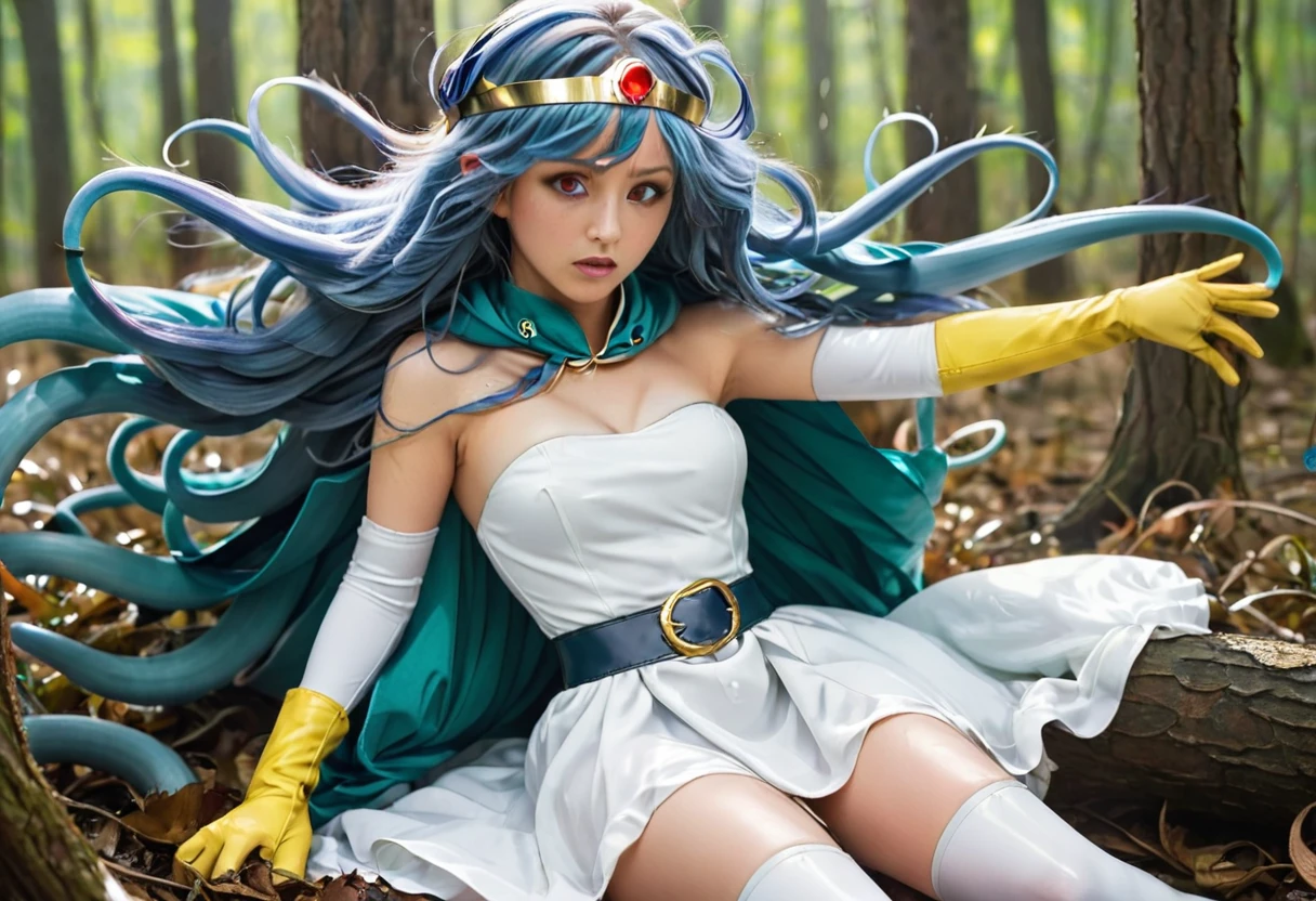 (best quality), (masterpiece), high res, all detailed, DQSage, long blue hair, red eyes, circlet, [aqua cape], white dress, strapless, belt, elbow gloves, yellow gloves, yellow boots, medium cleavage, (white underwear, panties aside, torn clothes:1.2), BREAK (NSFW), solo, 1girl, (sitting, knees to chest), arms behind head, (tentacles sex, vaginal, extend tentacles:1.15), (rape, extend tentacles, restrained:1.2), (one eye closed, crying, tears:1.2), drooling, saliva trail, sigh, blush, sweat, (forest, tentacle-pits), cinematic lighting, diffraction spikes,