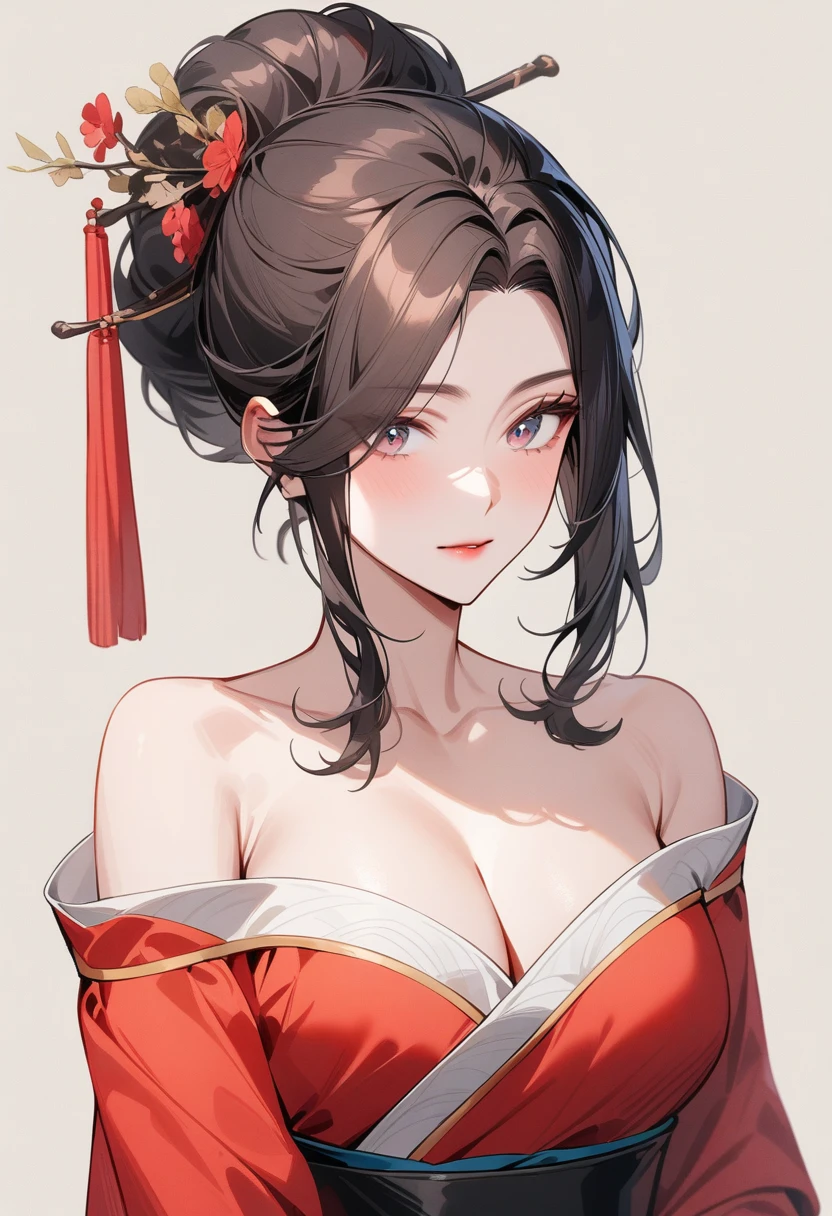 Mature women,Black long hair,Hair up,Red Hanfu,Cleavage,beautiful eyes,Bare shoulders,Extremely detailed,high resolution,Simple background