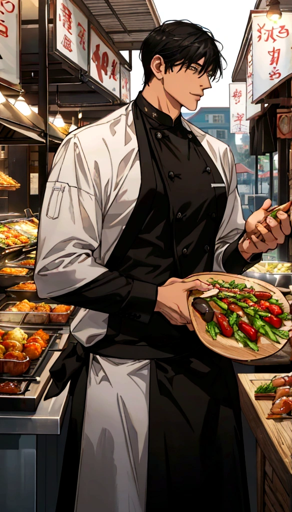A handsome young man with black hair, dressed in a professional chef's outfit, is standing at a bustling street food stall. He is focused and skillfully preparing a delicious dish, with various cooking utensils and ingredients around him. The background features a vibrant market scene with other food stalls, colorful signs, and a crowd of people eagerly waiting for their food, emphasizing his dedication and expertise in the culinary arts.