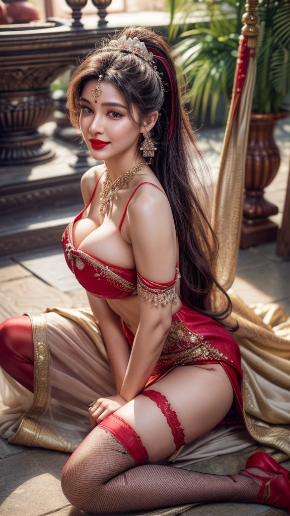 4K, UHD, masterpiece, solo girl, good face, detailed eyes, detailed lips, very long hair, straight hair, very long hair, beautiful hair, bride hair ornaments, hairband, sexy bun with ponytail hair, ((Indian gown), (photorealistic:1.5), (Realistic big breasts:1.35), (Slender six pack abs), (smile), ((NSFW:0)), ((busty Cleavage)), ((( enchanting body, red lipstick, stockings, Indian courtyard, bold dress, d-cup, breast focus, closeup))), ornaments, necklace, earring, high lighting, depth of field, ray tracing, ultra-realistic detail
