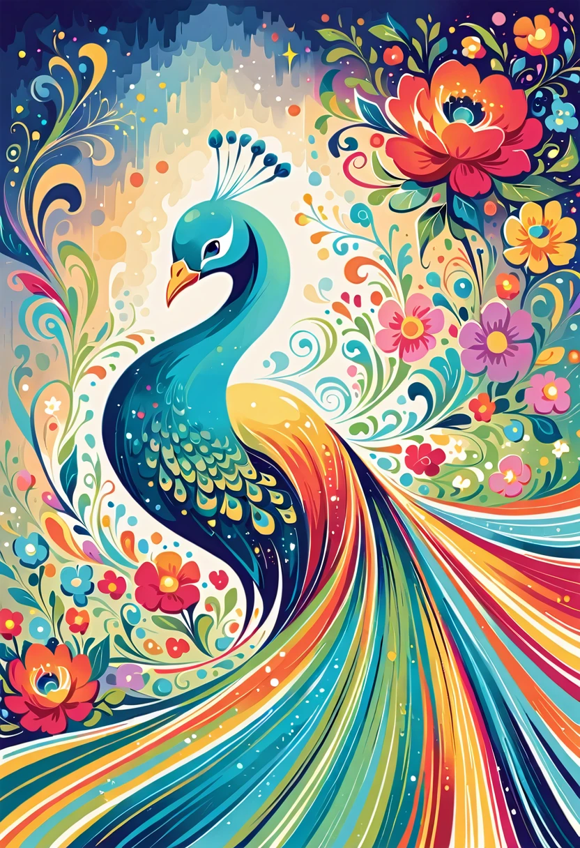 Yomu style, The most beautiful peacock of all time colorful flowers, Simple Line Initialism,Abstract art,Urban Background